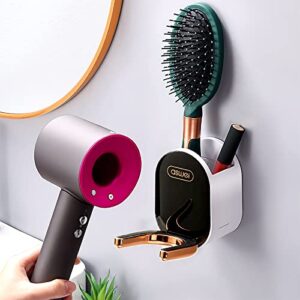 2022 wall mount hair dryer holder for dyson supersonic hair dryer, self adhesive bathroom hair dryer holder wall mounted with storage box, hole-free installation method (black)