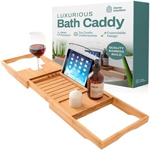 home intuition expandable bamboo bathtub tray caddy (27.75-41.5 inches) luxury bath tub tray table bathtub caddy bath accessories for women & men bath tray shelf with book & wine holder