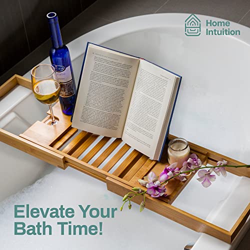 Home Intuition Expandable Bamboo Bathtub Tray Caddy (27.75-41.5 Inches) Luxury Bath Tub Tray Table Bathtub Caddy Bath Accessories for Women & Men Bath Tray Shelf with Book & Wine Holder