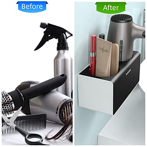 Hair Dryer Holder Wall Mounted, Self Adhesive Blow Dryer Holder for Bathroom, New Upgrade Hanging Hair Dryer Hair Tool Organizer Rack with Storage Compartment for Most Hair Dryers（Black）