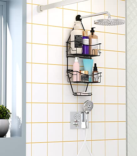 TARNABY Hanging Shower Caddy, Over Shower Head Rustproof Shower Organizer with Hooks for Razor and Bath Ball Brush (Black)