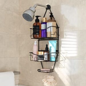 TARNABY Hanging Shower Caddy, Over Shower Head Rustproof Shower Organizer with Hooks for Razor and Bath Ball Brush (Black)