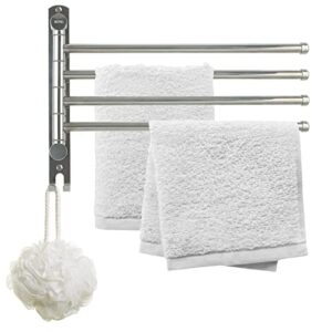 movno swing out towel bar, 4-arm silver wall mounted swivel towel rack with hooks rustproof, towel hanger holder storage organizer for bathroom kitchen space saving