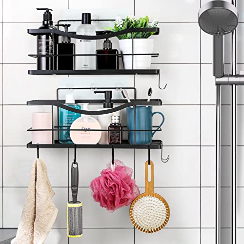 AOZITA 2 Pack, Large Adhesive Shower Caddy Shelves with 8 Hooks - Wall Hanging Bathroom Organizer Basket for Shower Room - Shower Racks for Inside Shower Storage - SUS304 Stainless Steel, Matte Black