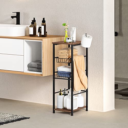OYEAL Bathroom Floor Storage Cabinet 4 Tier Over The Toilet Storage Holder with Drawers Toilet Paper Holder Stand for Bathroom Laundry Room Entryway Kitchen Pantry, Rustic Brown