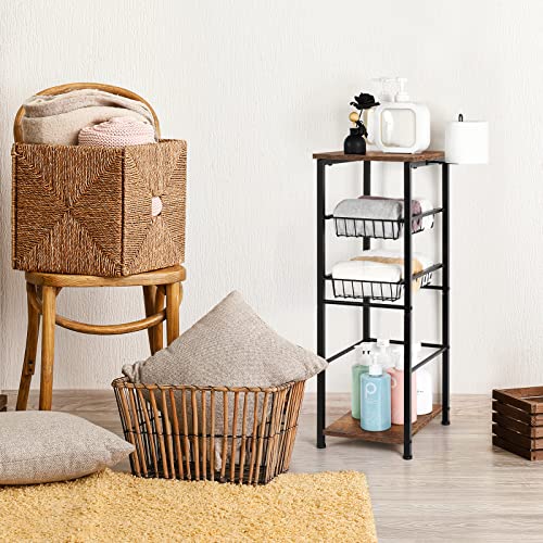OYEAL Bathroom Floor Storage Cabinet 4 Tier Over The Toilet Storage Holder with Drawers Toilet Paper Holder Stand for Bathroom Laundry Room Entryway Kitchen Pantry, Rustic Brown