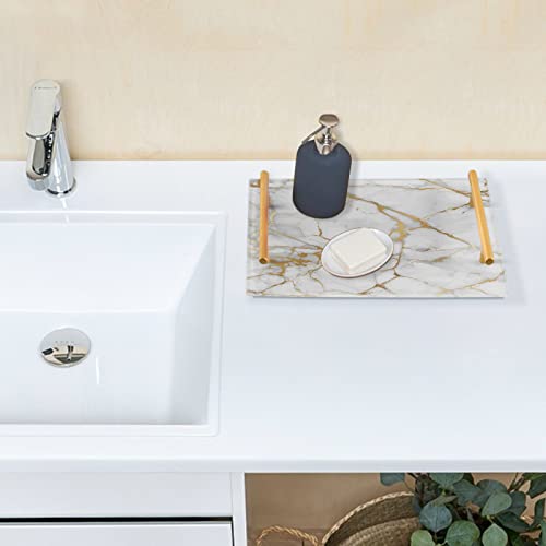 Marble with Golden Vanity Tray for Bathroom Counter Rectangle Decorative Kitchen Trays Acrylic Jewelry Perfume Makeup Organizer Tray Holder