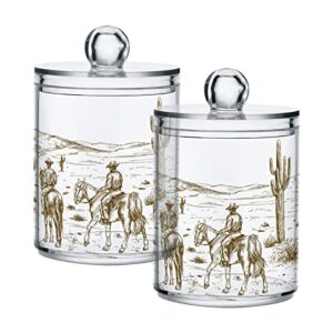 xigua desert cowboy riding 2 pack qtip holder dispenser with lid,apothecary jars plastic cotton swabs cans clear bathroom storage canister for cotton ball, cotton swab, cotton round pads, floss