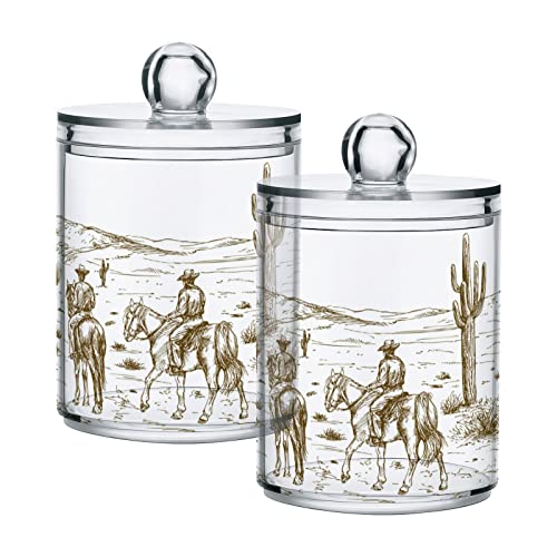 xigua Desert Cowboy Riding 2 Pack Qtip Holder Dispenser with Lid,Apothecary Jars Plastic Cotton Swabs Cans Clear Bathroom Storage Canister for Cotton Ball, Cotton Swab, Cotton Round Pads, Floss