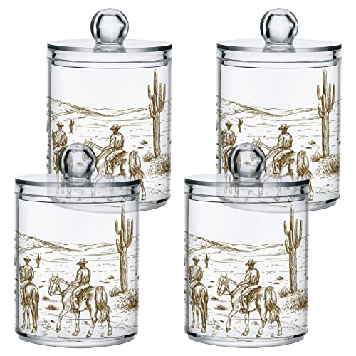 xigua Desert Cowboy Riding 2 Pack Qtip Holder Dispenser with Lid,Apothecary Jars Plastic Cotton Swabs Cans Clear Bathroom Storage Canister for Cotton Ball, Cotton Swab, Cotton Round Pads, Floss