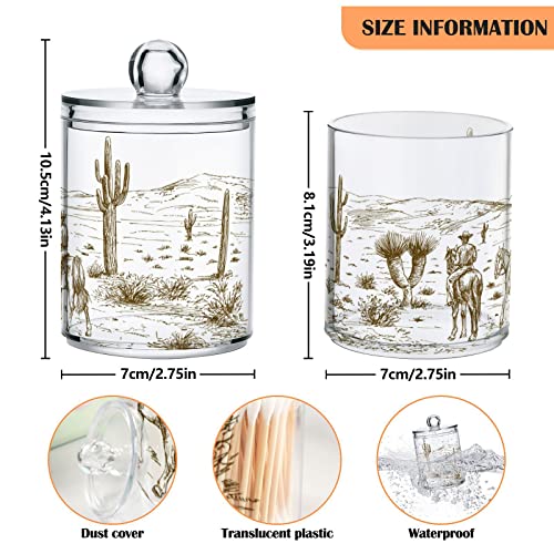 xigua Desert Cowboy Riding 2 Pack Qtip Holder Dispenser with Lid,Apothecary Jars Plastic Cotton Swabs Cans Clear Bathroom Storage Canister for Cotton Ball, Cotton Swab, Cotton Round Pads, Floss