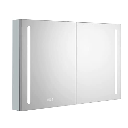 Bathlink Lighted Medicine Cabinet, 30"×27.5"×5", LED Mirror Medicine Cabinet, Recessed or Surface Mount, Defogger, Dimmer, 2 Doors Bathroom Lighted Medicine Cabinet with Mirror