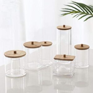 1 PK Transparent Acrylic makeup Pad Holder with Wood Lid Makeup Pads Dispenser Container Holder Apothecary Jars Bathroom Clear Plastic Bottle Rounds Organizer Storage Display Rack Cosmetic Pad