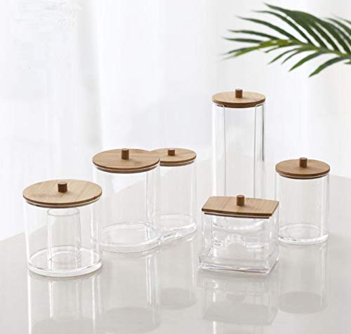 1 PK Transparent Acrylic makeup Pad Holder with Wood Lid Makeup Pads Dispenser Container Holder Apothecary Jars Bathroom Clear Plastic Bottle Rounds Organizer Storage Display Rack Cosmetic Pad