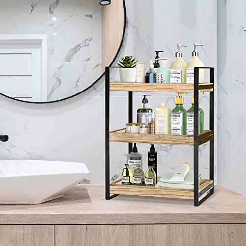 3-Tier Bathroom Organizer Countertop, Wood Bathroom Trays Vanity Organizer for Counter, Makeup Shelf Perfume Organizer Standing Rack, Countertop Storage Shelf for Bathroom Kitchen Office