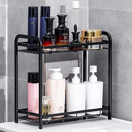 Bathroom Organizer Countertop, Mimieyes 2 Tiers Bathroom Tray Counter Organizer, All Metal Spice Rack Kitchen Storage and Organizer Under Sink and Cabinet,Vanity Tray Standing Rack Counter Shelf-Black