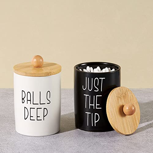 onsogi Ceramic Apothecary Jars with Bamboo Lids for Bathroom Organization, Q tip Holder and Cotton Ball Holder are Great for Farmhouse Bathroom Decor, Rustic Bathroom Decor