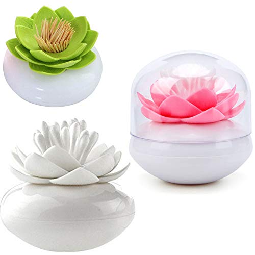 HomDSim 3 PACK Lotus Cotton Swab Holder,Cotton Bud Small Q-tips Toothpicks Brushes Holder Box Case Storage Organizer Jar with Clear Lid Dustproof Cover Green Pink White