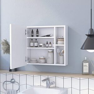 voohek medicine cabinet with three internal, single door and two external shelves for bathroom, a unique mirror, manufactured wood, white