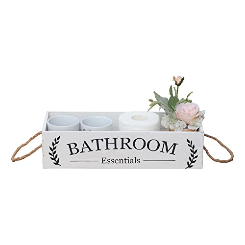 Farmhouse Toilet Paper Basket, Rustic Wooden Bathroom Decor Box, Bathroom Organizer Over Toilet, Funny Toilet Paper Storage with Rope Handle, Distressed White