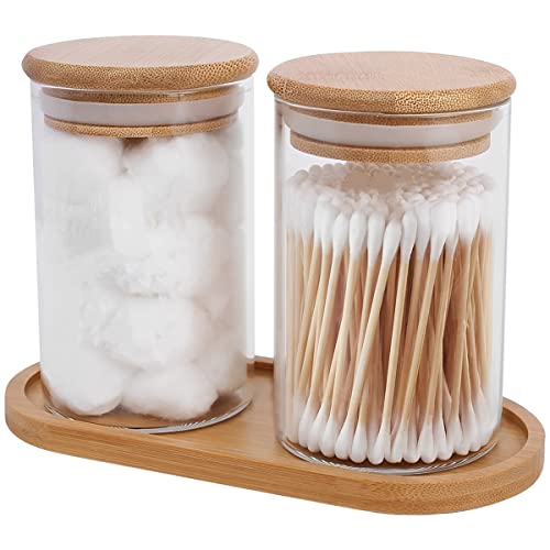 2 PCS Qtip Holder Dispenser with Bamboo Lids ＆ Tray, 10 Oz Cotton Swab Holder Cotton Ball Organizer, Apothecary Jars Bathroom Storage Organizer, Clear Glass Bathroom Storage Jars, Vanity Storage Organizer Canister for Cotton Swab, Ball, Pads, Floss