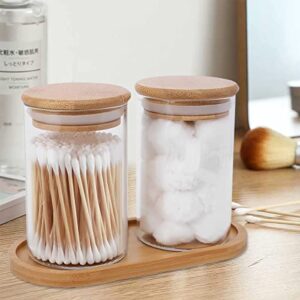 2 PCS Qtip Holder Dispenser with Bamboo Lids ＆ Tray, 10 Oz Cotton Swab Holder Cotton Ball Organizer, Apothecary Jars Bathroom Storage Organizer, Clear Glass Bathroom Storage Jars, Vanity Storage Organizer Canister for Cotton Swab, Ball, Pads, Floss