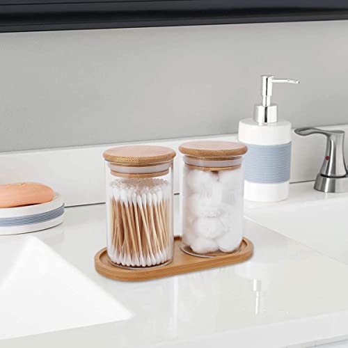 2 PCS Qtip Holder Dispenser with Bamboo Lids ＆ Tray, 10 Oz Cotton Swab Holder Cotton Ball Organizer, Apothecary Jars Bathroom Storage Organizer, Clear Glass Bathroom Storage Jars, Vanity Storage Organizer Canister for Cotton Swab, Ball, Pads, Floss