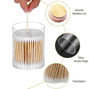 2 PCS Qtip Holder Dispenser with Bamboo Lids ＆ Tray, 10 Oz Cotton Swab Holder Cotton Ball Organizer, Apothecary Jars Bathroom Storage Organizer, Clear Glass Bathroom Storage Jars, Vanity Storage Organizer Canister for Cotton Swab, Ball, Pads, Floss