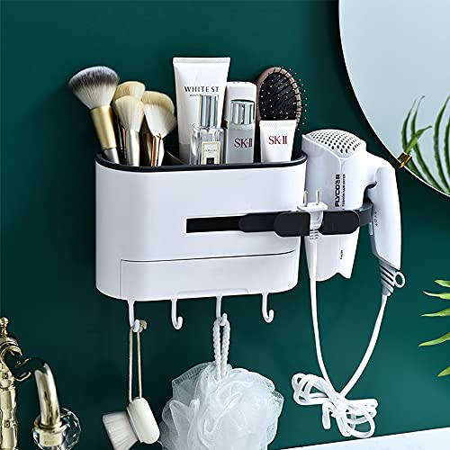 AFULILI Wall Mounted Bathroom Storage Rack, Punch-Free Bathroom Organizers with Hair Dryer Holder, Multi-Functional Hair Styling Tool Organizer, Storage Rack with Drawer Plug Holder & 4 Hooks (Black)