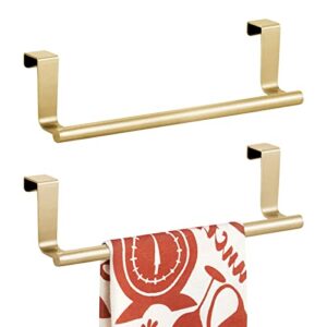 mdesign metal over the door towel holder for kitchen cabinet - hand, dish, and tea towel rack - over the door towel bar and hanger - kitchen/bathroom organizer - omni collection - 2 pack, soft brass