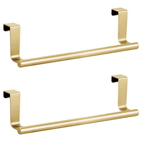 mDesign Metal Over The Door Towel Holder for Kitchen Cabinet - Hand, Dish, and Tea Towel Rack - Over The Door Towel Bar and Hanger - Kitchen/Bathroom Organizer - Omni Collection - 2 Pack, Soft Brass