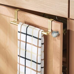 mDesign Metal Over The Door Towel Holder for Kitchen Cabinet - Hand, Dish, and Tea Towel Rack - Over The Door Towel Bar and Hanger - Kitchen/Bathroom Organizer - Omni Collection - 2 Pack, Soft Brass