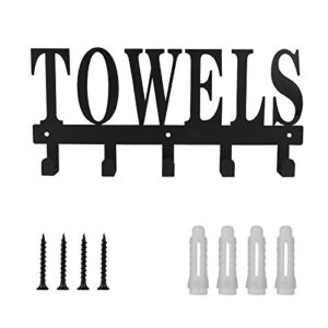 towel holder 5 hooks for bathroom, towel racks, towel hooks for bathroom, bedroom, kitchen, pool, beach towels, bathrobe, clothing, metal sandblasted wall mount rustproof and waterproof (black01)