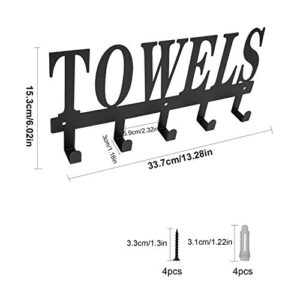 Towel Holder 5 Hooks for Bathroom, Towel Racks, Towel Hooks for Bathroom, Bedroom, Kitchen, Pool, Beach Towels, Bathrobe, Clothing, Metal Sandblasted Wall Mount Rustproof and Waterproof (Black01)