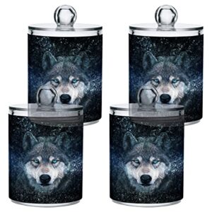 blueangle 4 pack cute wolf qtip holder dispenser for cotton ball, cotton swab - plastic apothecary jar set for bathroom canister storage organization（1155）