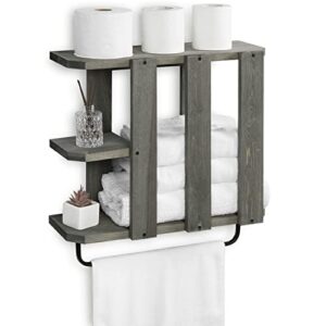 mygift wall mounted vintage gray wood bathroom folded towel storage organizer and towel rack with display shelves and industrial metal pipe hanging bar