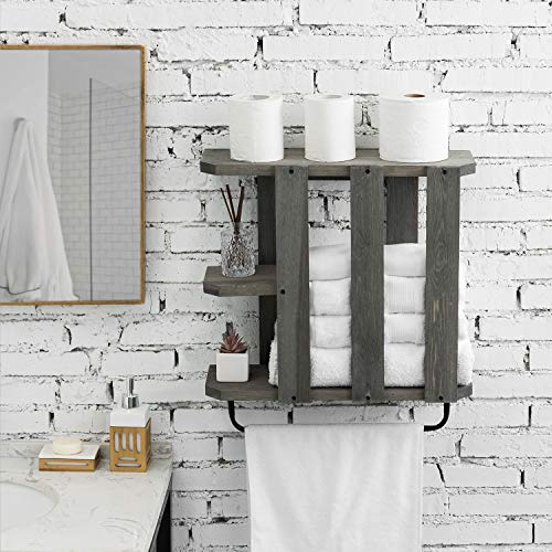 MyGift Wall Mounted Vintage Gray Wood Bathroom Folded Towel Storage Organizer and Towel Rack with Display Shelves and Industrial Metal Pipe Hanging Bar