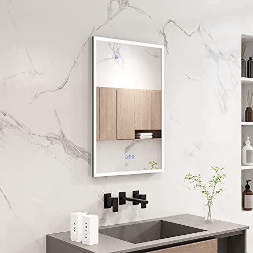 CIETÖ Lighted Medicine Cabinets with Mirrors, LED Bathroom Cabinet, Recessed or Surface Mount, 3 Color Lights, Dimmable, Frameless Mirrors, Defogger (20" Right Door Hinge)