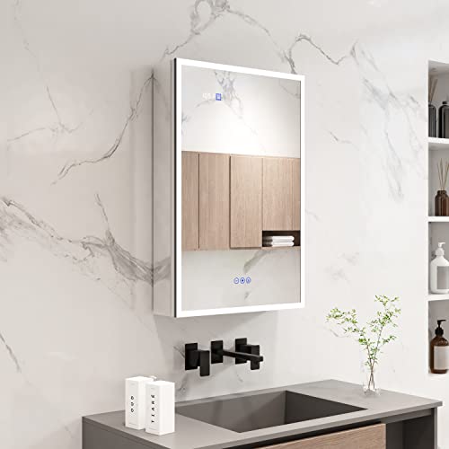 CIETÖ Lighted Medicine Cabinets with Mirrors, LED Bathroom Cabinet, Recessed or Surface Mount, 3 Color Lights, Dimmable, Frameless Mirrors, Defogger (20" Right Door Hinge)