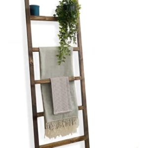 Wood Decorative Wall Leaning Blanket Ladders Bathroom Storage Quilt Towel Display Rack Shelf Holder Rustic Farmhouse, Brown