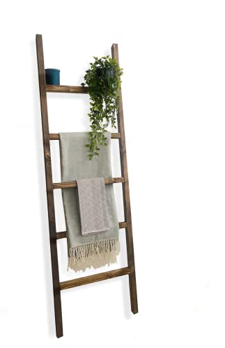 Wood Decorative Wall Leaning Blanket Ladders Bathroom Storage Quilt Towel Display Rack Shelf Holder Rustic Farmhouse, Brown