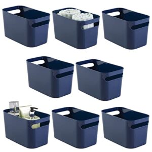 mdesign deep plastic bathroom vanity storage bin with handles - organizer for hand soap, body wash, shampoo, lotion, conditioner, hand towel, hair brush, mouthwash - 10" long, 8 pack - navy blue