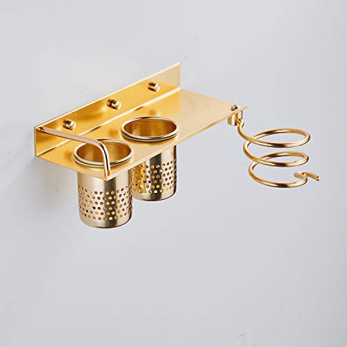 Adhesive or Drilling Blow Dryer Holder Bathroom Storage Shelf Comb Hair Tools Organizer Gold Color