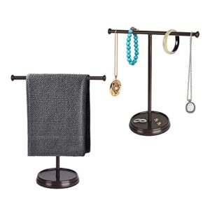 alucset 2 pack metal modern hand towel holder rack stand with base for bathroom kitchen vanity countertops to display and store small towels or washcloths (coffee, set of 2)