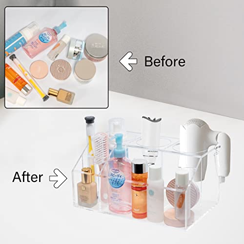 Sumerflos Acrylic Hair Tool Organizer, Hair Dryer Holder and Styling Tool Accessories Organizer for Toiletries, Bathroom Supplies Vanity Countertop Storage Blow Dryer, Makeup, Curling Iron - Clear