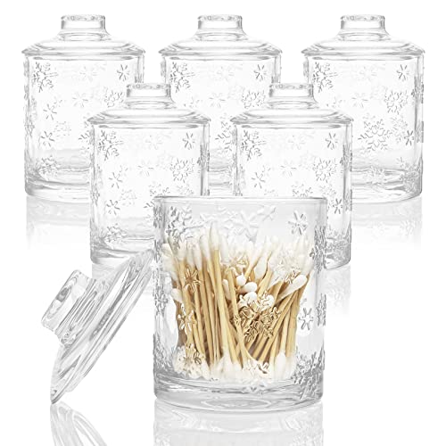 GYRUT Glass Apothecary Jars with Lids, 15oz Qtip Holder Bathroom Set of 6, Bathroom Accessories Organizer for Cotton Ball, Bath Salt, Hair Clips, Floss Picks, Bathroom Containers[Snowflake]