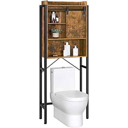 Topeakmart Over The Toilet Storage Cabinet with Slide Rail, Space-Saving Organizer Rack with Cupboard and Adjustable Shelves for Bathroom, Rustic Brown