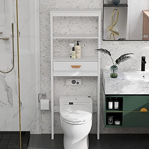 Otryad White Over-The-Toilet Storage, Wooden Above Toilet Storage Cabinet with Drawer and Open Shelves, Bathroom Cabinet Organizer Standing Rack - 23.62" L x 7.87" W x 64.76" H