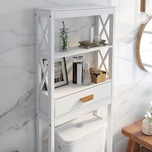 Otryad White Over-The-Toilet Storage, Wooden Above Toilet Storage Cabinet with Drawer and Open Shelves, Bathroom Cabinet Organizer Standing Rack - 23.62" L x 7.87" W x 64.76" H