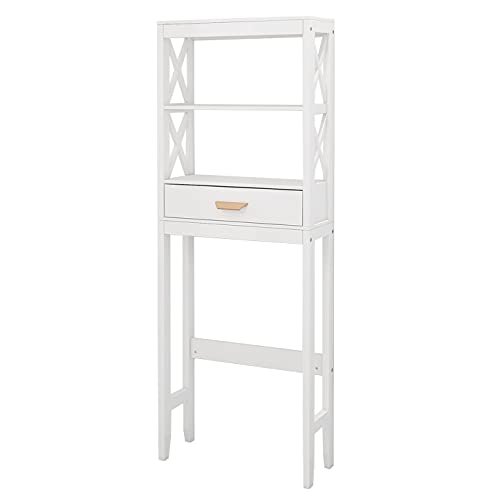 Otryad White Over-The-Toilet Storage, Wooden Above Toilet Storage Cabinet with Drawer and Open Shelves, Bathroom Cabinet Organizer Standing Rack - 23.62" L x 7.87" W x 64.76" H